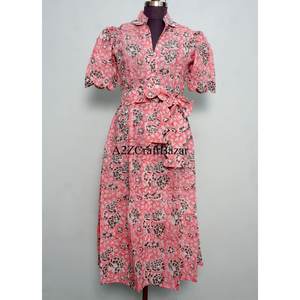 Robe midi florale Kangura pour femme, 100 % coton écologique, style Kangura, col en V, manches courtes, boutons décoratifs, lavable. - Product Image 3