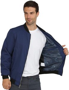 Blouson bomber bleu marine pour homme, couleur unie, col montant, fermeture éclair, vêtement décontracté pour l'automne, matière polyester, coupe classique - Product Image 1