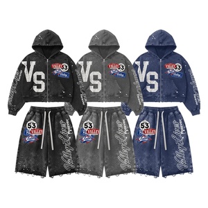 Ensemble sweat à capuche et short délavé pour homme, motif lettres imprimées, style streetwear, taille élastique avec cordon de serrage, fermeture éclair avant, style USA - Product Image 4