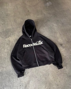 Custom Oversized Cropped <b>Zip</b> Up Hoodie Heavyweight Cotton Fleece Streetwear Full <b>Zip</b> <b>Hooded</b> Sweatshirt with Front Graphic Logo - Product Image 1
