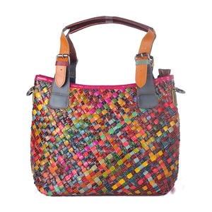 Ando <b>Bag</b> Genuine Cowhide Leather <b>Woven</b> Tote <b>Bag</b> for Women Multicolor Shoulder Handbag with Zipper Closure - Product Image 1