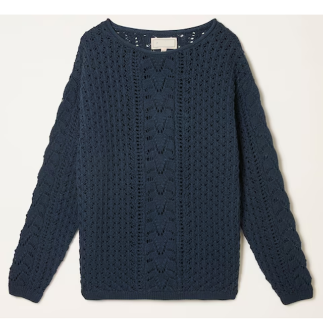 Women's Pullover Sweaters Striped Jacquard Casual Crewneck Crochet Lace Long Sleeve Hollow Cable Knit Textured