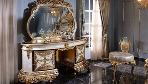 Luxury Royal Mahogany Wood <b>Bedroom</b> Set Gold Carved King Size Bed with Grand Wardrobe 2 Nightstands and <b>Dressing</b> <b>Table</b> Set - Product Image 5