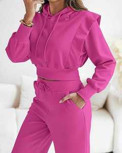 ชุดเซ็ตเสื้อฮู้ดแขนยาวสีพื้นและกางเกงขายาวทรงกว้างสำหรับผู้หญิง ใส่สบายในฤดูหนาว ผลิตจากผ้าเนื้อนุ่ม - Product Image 2