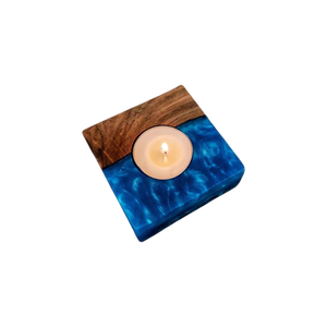 Handmade Epoxy Resin <b>Candle</b> Holder With Wood Inlay Blue Marbled Design Home Decoration Craft - Product Image 1