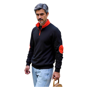 Pull à col zippé noir pour homme avec col et coudières rouges, coupe classique, sweat-shirt tricoté décontracté, vêtement d'automne - Product Image 1