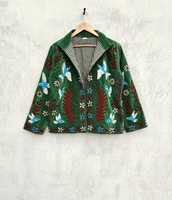 Blazer pour femme Karam Industries, fabriqué à la main en Inde, en velours vert émeraude, broderie Suzani, 300 GSM, manches longues, motif floral colibri
