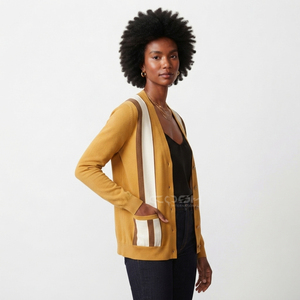 Cosh International Acrylic Sorority Sisterhood Custom Logo Winter Wear <b>Cardigan</b> <b>Sweater</b> Mustard Knitted Coat - Product Image 3