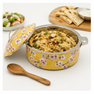 Casserole isotherme à double paroi de qualité supérieure en acier inoxydable, chauffe-plat thermique avec couvercle en dôme, motif floral jaune cerisier - Product Image 4