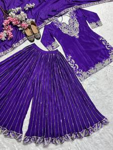 Robe ethnique indienne pakistanaise traditionnelle pour femmes en soie violette brodée, longueur cheville, coupe régulière, toutes saisons - Product Image 2