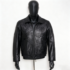 Custom Men's Blue <b>Genuine</b> <b>Leather</b> <b>Jacket</b> Distressed Embossed Checkered Patchwork Design Stand Collar Zipper Closure Vintage - Product Image 3