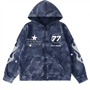 Sudadera con Capucha y Cremallera Unisex Azul Oscuro, Corte Holgado, con Pedrería, Estilo Urbano, 100% Algodón Orgánico, Forro Polar Transpirable, Ropa de Otoño - Product Image 1