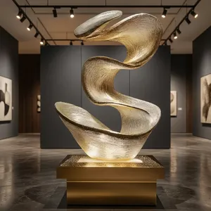 Luxury Golden Abstract Flowing Sculpture with Illuminated Base Modern Decorative Art for Hotel Lobby Living Room and Office - Product Image 3