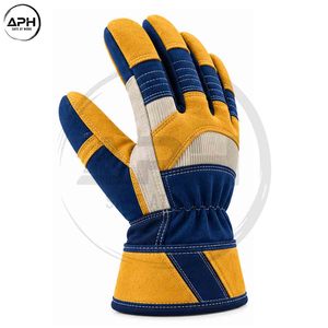 ถุงมือช่างสีกรมท่าและสีมัสตาร์ด พร้อมส่วนฝ่ามือสีเทา ตกแต่งด้วยลายริบบนนิ้วมือ และข้อมือแบบปรับได้สำหรับงานช่าง - Product Image 4