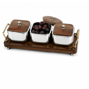 Élégant coffret à fruits secs en métal bicolore avec plateau de service en bois ondulé et 3 bols à bonbons à couvercles, pour servir des noix et des en-cas décoratifs - Product Image 4