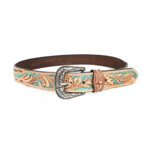 Ceinture en cuir classique western authentique, ornée de fleurs perlées et gravées à la main, pour hommes et femmes, couleur personnalisable, avec boucle en alliage de zinc bleue cousue - Product Image 6