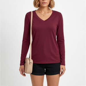 Blusa de Mujer con Cuello en V, Color Sólido, Informal, Transpirable, Corte Regular, para Todas las Temporadas, Manga Larga - Product Image 2