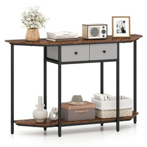 Mesa Consola Industrial de Diseño Clásico de 2 Niveles con Tapa Poligonal, Estante Abierto y 2 Cajones Plegables de Tela para Entrada, Pasillo o Sofá - Product Image 1