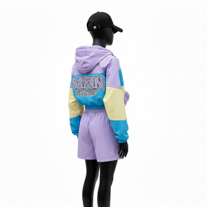 Conjunto corto cortavientos de poliéster y nailon premium para mujer, diseño de paneles en bloques de color, forro suave, logotipo bordado personalizado, talla grande - Product Image 4