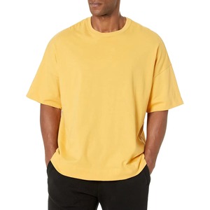 Camiseta de algodón de punto de manga corta con cuello redondo para hombre, color liso, ajuste oversize, estilo casual, pesada, streetwear, amarilla - Product Image 1