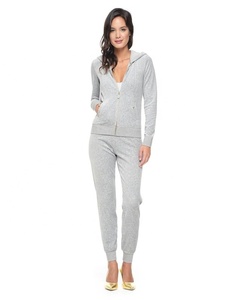 Active Jogging Women's Velvet Slim Fit Blank Hooded Tracksuit Full Front Zipper Hoodie Survetement Velour Plain Blank Sweat Suit - Product Image 4