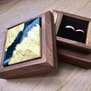 Boîte à bagues unique en bois et résine à double compartiment, faite à la main, style rustique, pour fiançailles, mariage, vente en gros - Product Image 5