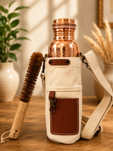 Middle Etching Copper Water <b>Bottle</b> With <b>Cleaning</b> <b>Brush</b> Portable Travel Drinkware Minimalist Design Beige Canvas Carry Bag - Product Image 2