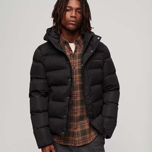 Veste matelassée à capuche pour homme, hiver, noire, couleur unie, manches longues, épaisse, coupe-vent, fermeture éclair, coupe classique - Product Image 1