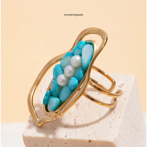 Rose Gold Plated Turquoise Pearl Natural Stone Cocktail <b>Ring</b> <b>Open</b> Band for Women Wedding & Party Gift - Product Image 1