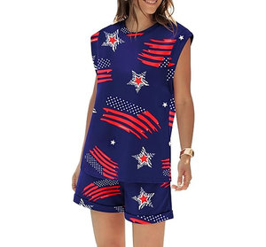 Conjunto de pantalones cortos de 2 piezas para mujer, sin mangas, con cuello redondo, estampado de estrellas y rayas, informal, holgado, traje de verano con bolsillo - Product Image 3