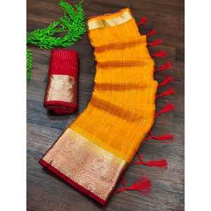 Saree de travail de séquence de tissage en JACQUARD de SOIE ORGANZA jaune de créateur avec chemisier en coton non cousu - Product Image 1