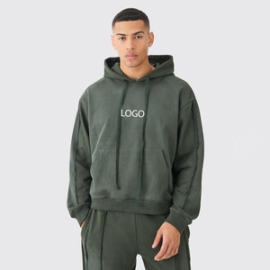 Sudadera con capucha de felpa para hombre, elegante, verde, oversize, de corte recto, con lavado ácido, bordada, efecto descolorido por el sol, estilo streetwear, con logotipo personalizado, 100% algodón, para invierno - Product Image 1