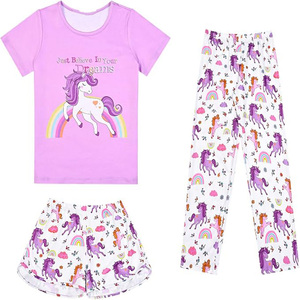 Ensemble pyjama pour bébé fille, rose à carreaux, t-shirt, pantalon, short, coton respirant, spandex, vêtements de nuit d'été, col rond, manches courtes, 3 pièces - Product Image 5