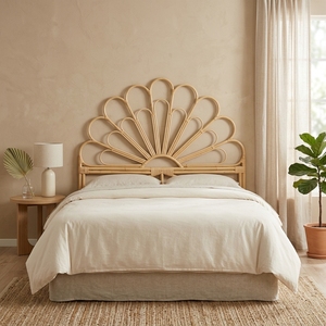 New modern minimalist boho <b>rattan</b> sunburst headboard <b>bed</b> <b>frame</b> wood eco friendly double queen bedroom furniture upholstered <b>beds</b> - Product Image 4