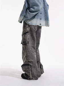 Pantalon cargo en jean délavé pour homme, coupe ample, taille mi-haute, style streetwear, en coton tissé pour l'automne - Product Image 4