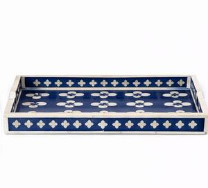 Bandeja Rectangular de Lujo Hecha a Mano con Incrustaciones de Hueso, MDF y Resina, con Asas, Diseño Floral Azul y Blanco, Ecológica - Product Image 3