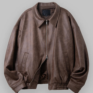 Blouson Bomber en PU beige pour homme, col rabattu, fermeture éclair, coupe ample, vêtement d'automne - Product Image 2