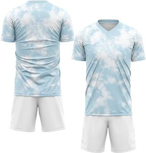 MILIENZ SPORTS APPAREL Ensemble de maillots de football pour hommes, uniforme d'équipe personnalisé, dégradé blanc-bleu, col en V, manches courtes, évacuation de l'humidité, 480g - Product Image 5
