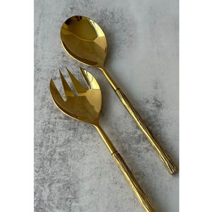 ชุดช้อนส้อมเสิร์ฟสลัดสแตนเลสสีทองหรูหรา 2 ชิ้น ดีไซน์ทันสมัยพร้อมด้ามจับรูปทรงกิ่งไม้ สำหรับใช้ในบ้าน ห้องครัว รับประทานอาหาร และงานจัดเลี้ยง - Product Image 1