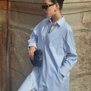 Vestido Camisero Midi Informal de Oficina, Manga Larga, Minimalista, Transpirable, Popelina 100% Algodón, Prelavado con Enzimas, Rayas, Botones al Frente, Verano - Product Image 1