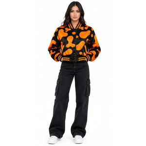 Veste universitaire à imprimé camouflage orange pour femme, coupe courte, manches longues, col rabattu, polyester, style automne - Product Image 4