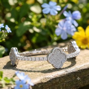 Pulsera de Eslabones con Motivo de Flor y Trébol, Chapada en Rodio sobre Plata 925, con Incrustaciones, Joyería Unisex - Product Image 6