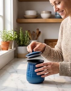 Artisan Ceramic Storage Canister Ribbed Glaze Airtight Lid Freshness Keeper <b>Kitchen</b> Counter Jar Elegant Modern <b>Decor</b> - Product Image 3