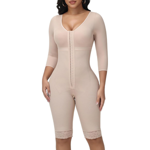 Combinaison gainante beige à col en V profond, manches trois quarts, longueur genou, grande taille, avec dentelle - Product Image 1