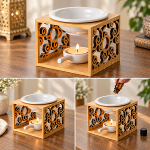 Brûleur à huile en bois et céramique de luxe pour le Ramadan et l'Aïd |   Brûleur d'encens Bakhoor arabe, décoration islamique pour la maison, cadeau, ensembles de décoration festive, artisanat - Product Image 1