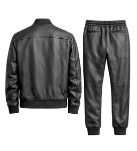 Ensemble veste bomber et pantalon en cuir PU pour homme, col montant, fermeture éclair, coupe-vent, tenue décontractée d'automne, veste en cuir PU pour homme - Product Image 5