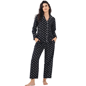 Ensemble de pyjama pour femmes en coton 100% à manches longues avec imprimé à pois blancs, vêtements de nuit classiques longs - Product Image 1