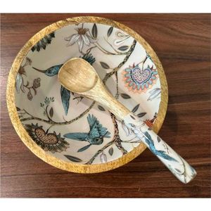 Tazón de Madera para Servir con Juego de Cucharas, Diseño Floral de Colibrí Pintado a Mano, Tazón Decorativo para Ensaladas, para Cocina y Hogar - Product Image 1