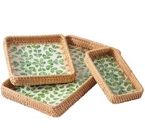 Plateau de service en rotin et nacre, 3 pièces, tendance, moderne, luxe, motif feuille, idéal pour la vaisselle, plateau MOP - Product Image 1