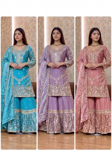 Traditional Indian Pakistani <b>Women</b> <b>Kurta</b> Kurti Purple Embroidered Rayon Ankle-Length Regular Fit Wedding Wear - Product Image 4